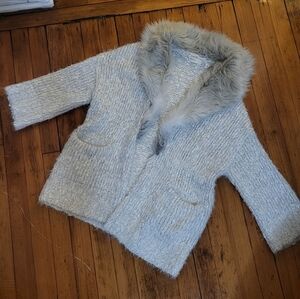 Cozy Gray Cardigan with Faux Fur Trim